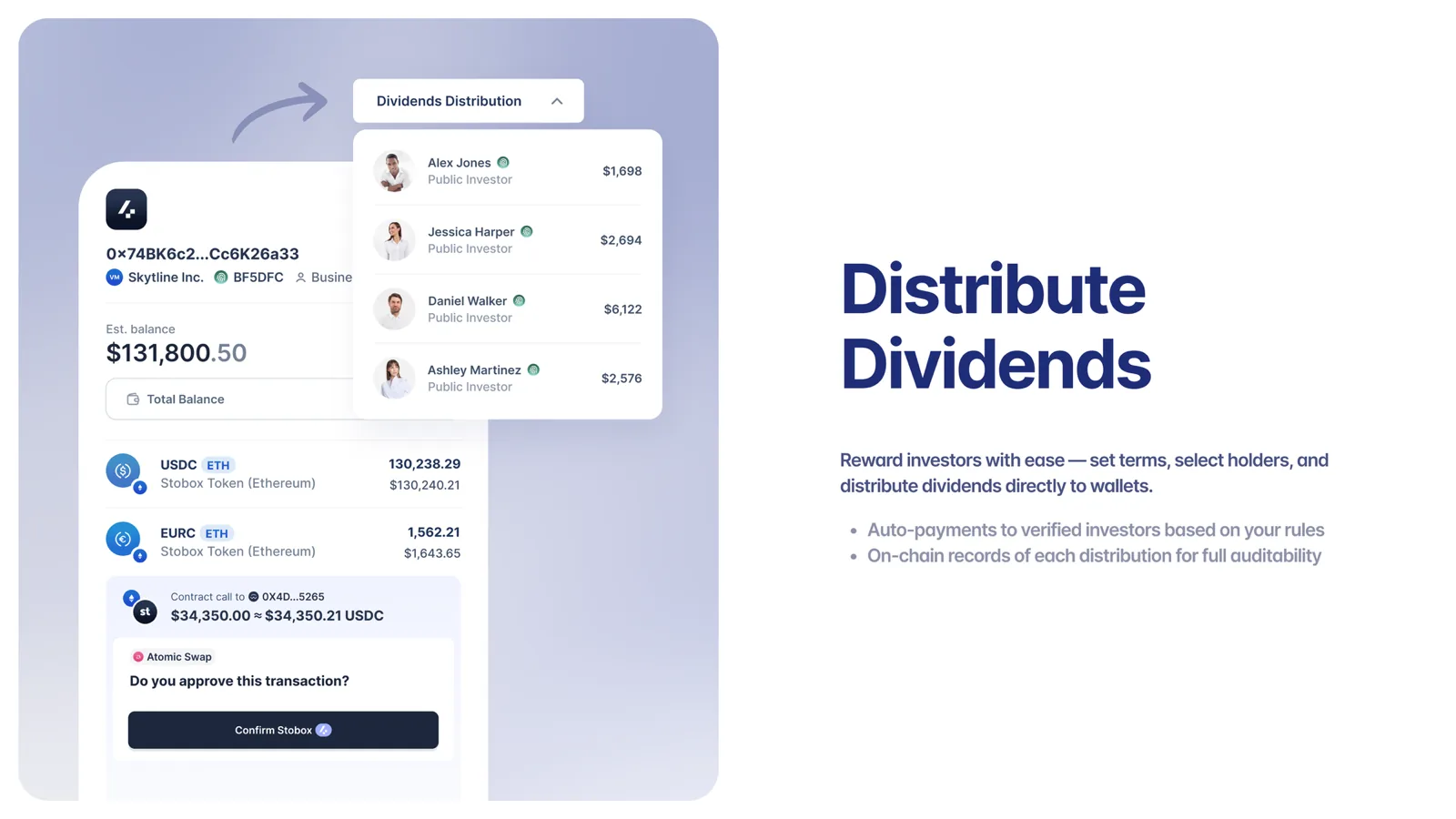 Automated dividend distribution system showing Skyline Inc. token with $131,800.50 balance distributing dividends to verified investors including Alex Jones ($1,698), Jessica Harper ($2,694), Daniel Walker ($6,122), and Ashley Martinez ($2,576). Interface displays multi-currency support (USDC, EURC), smart contract automation with atomic swap functionality, and on-chain transaction approval for transparent, automated payments to token holders' wallets.