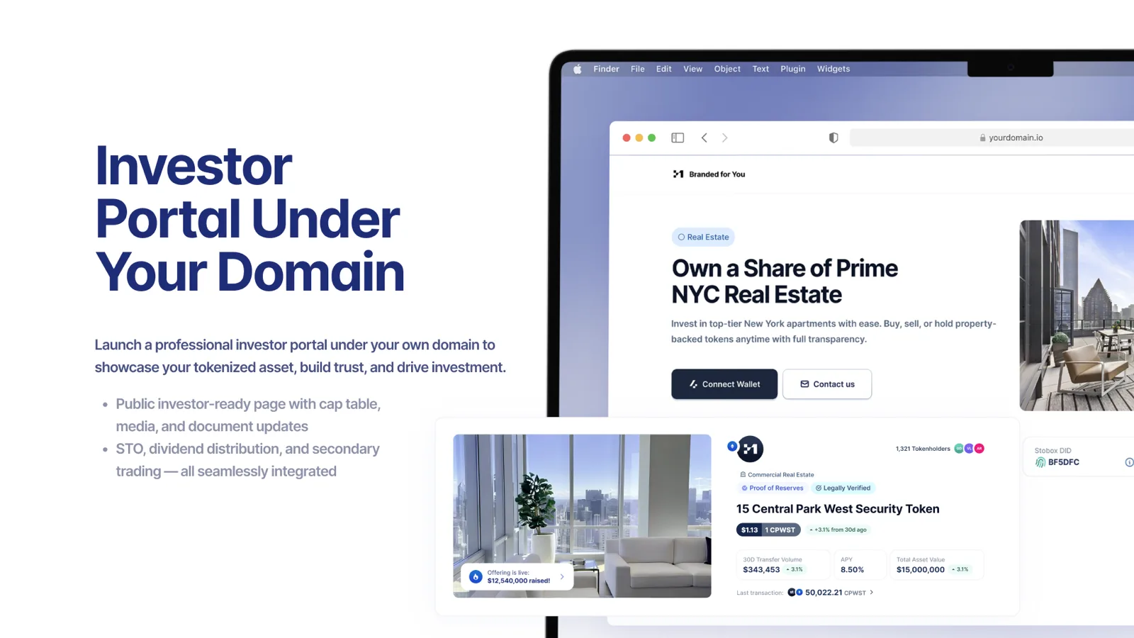 White-label investor portal showcasing tokenized NYC real estate investment. Interface displays branded domain with professional layout featuring '15 Central Park West Security Token' offering, showing $1.13 token price, 1,321 tokenholders, $15M total asset value, and 8.50% APY. Portal includes seamless wallet connection, investor communications, and comprehensive asset details with proof of reserves and legal verification.