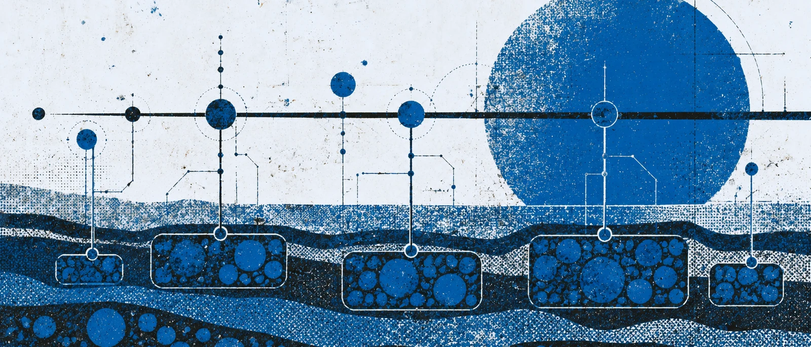Screenprint: a surface line with anchored entries above a deep field of records