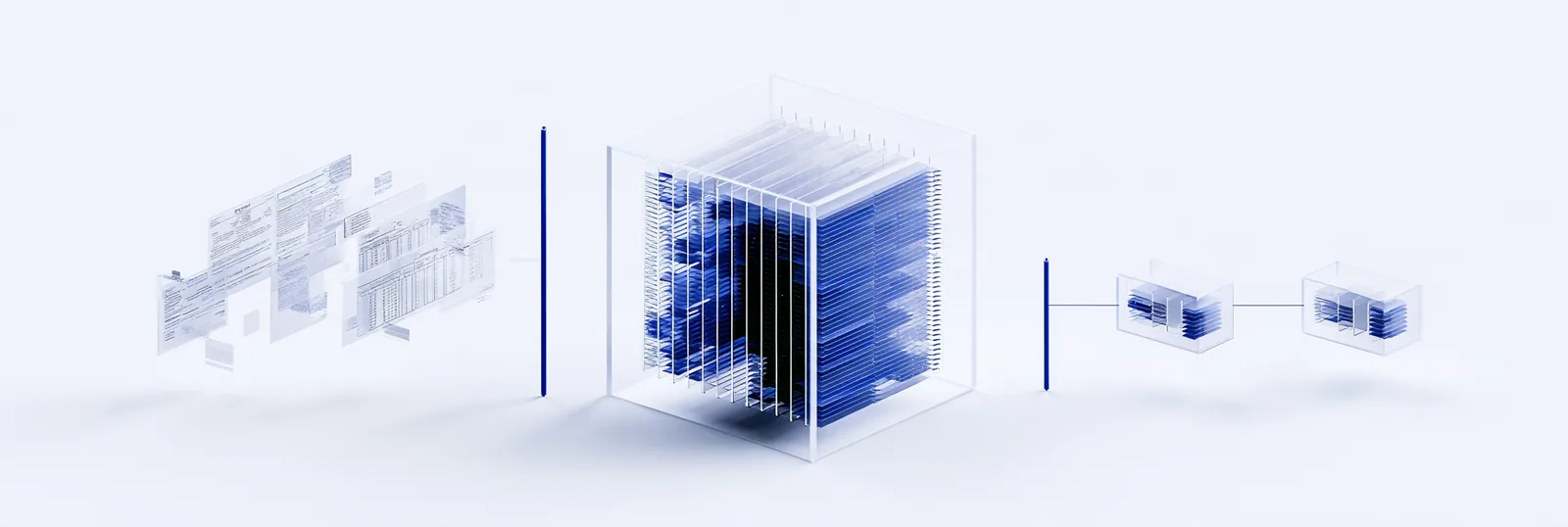 Spatial render: scattered document sheets gathered behind one dense blue record cube, two small reader modules receiving from it