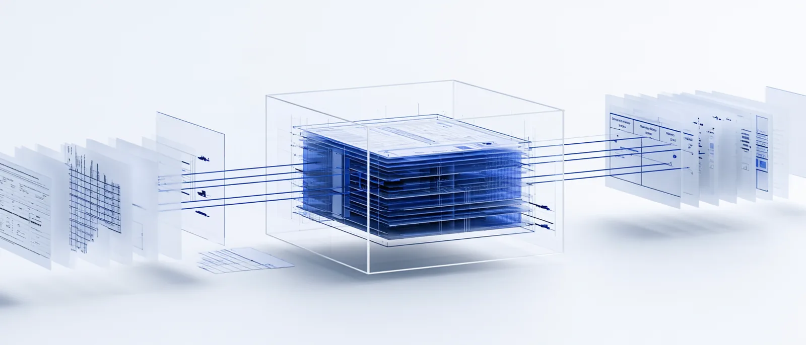 Screenprint: a rail with three ringed checkpoints, each tracing lines back to its own sources