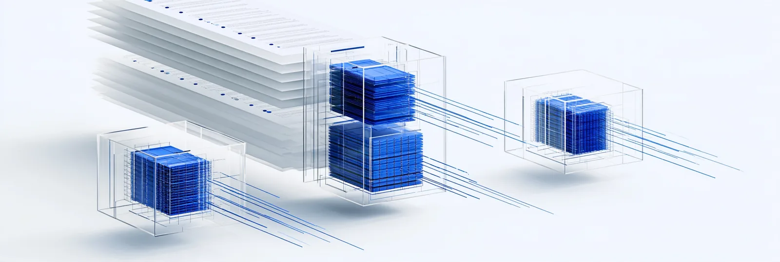 Spatial render: a stack of thin white sheets feeding three bound blue volumes along one line