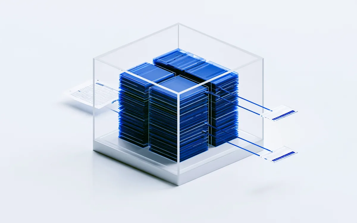Screenprint: scattered documents converging into one dense record, and three clean answers leaving it