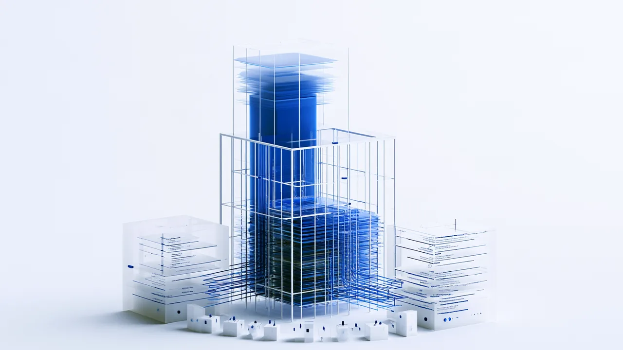 Spatial render: a fundraising structure rising from a dense company register