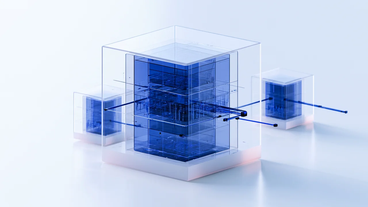 Spatial render: blue asset records linked along one line into a framed register