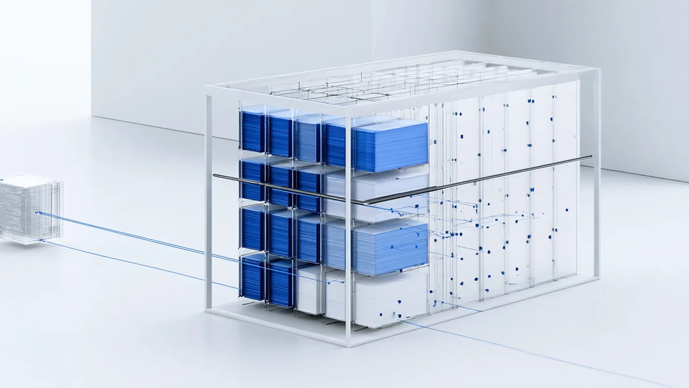 Spatial render: a company record connected over seven fine lines to one large assessment structure