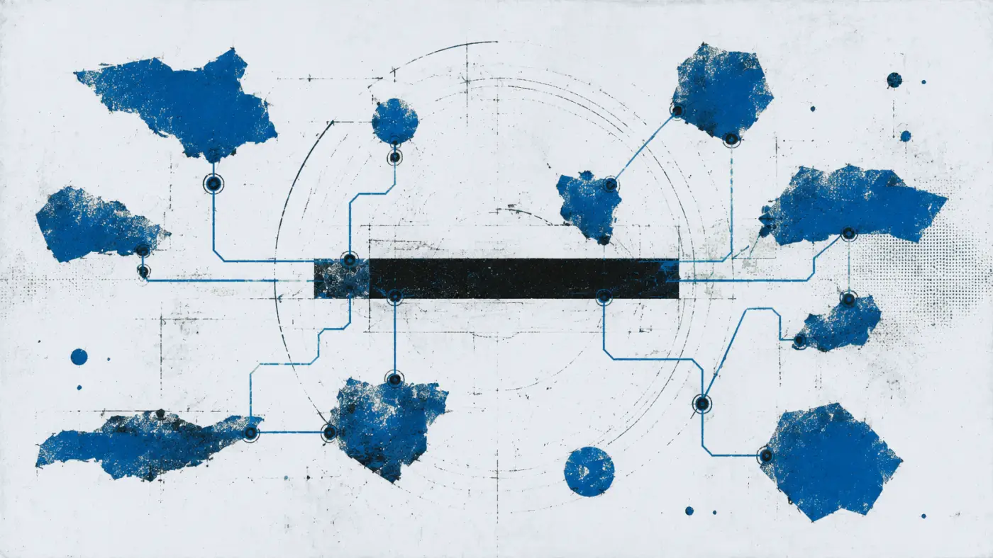 Screenprint: landmasses wired to one rail