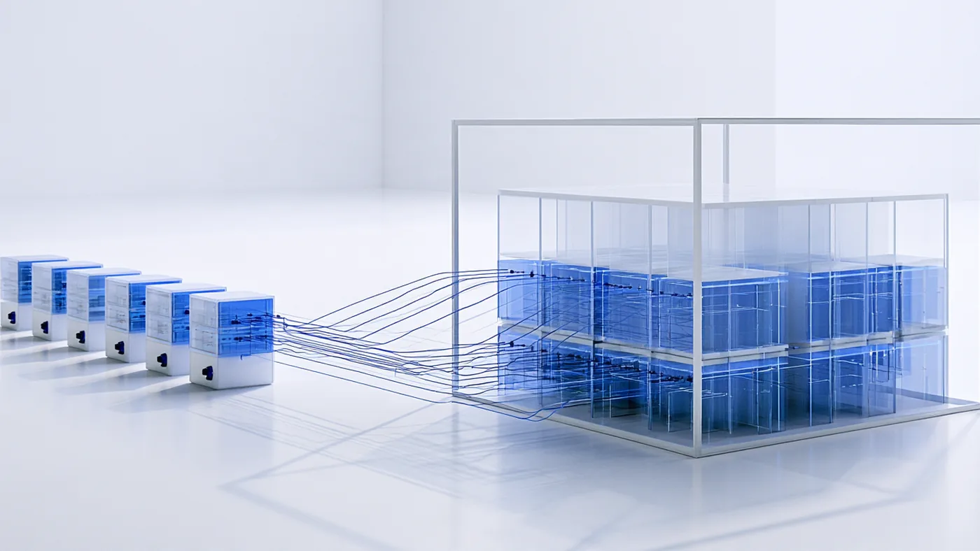 Spatial render: eight distinct issuer records feeding one shared archive