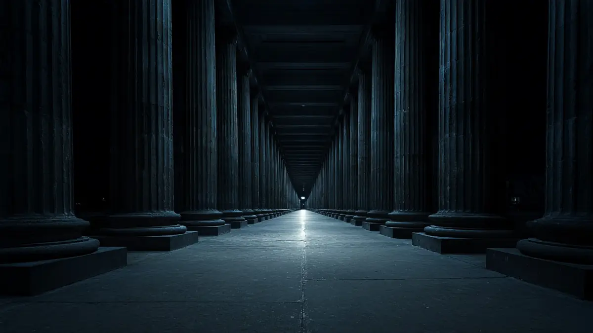 A long colonnade of dark stone columns receding toward a distant doorway.