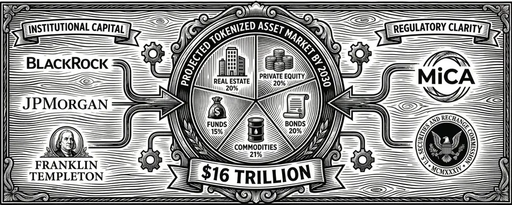 Engraved infographic: the projected tokenized asset market and regulatory clarity