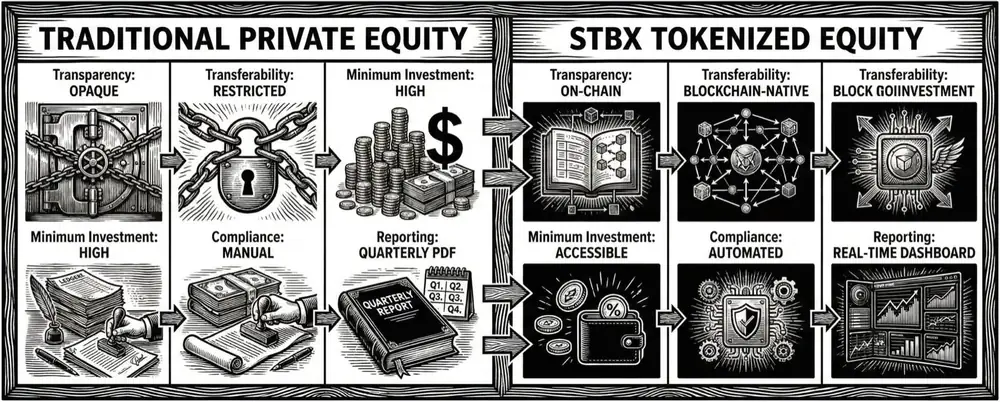 Engraved infographic comparing traditional private equity with tokenized equity in STBX