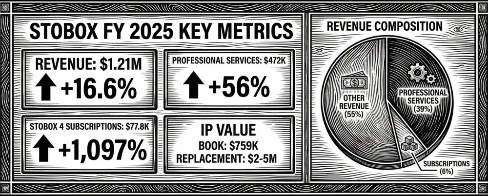 Engraved infographic: Stobox FY 2025 key metrics, revenue composition and subscriptions