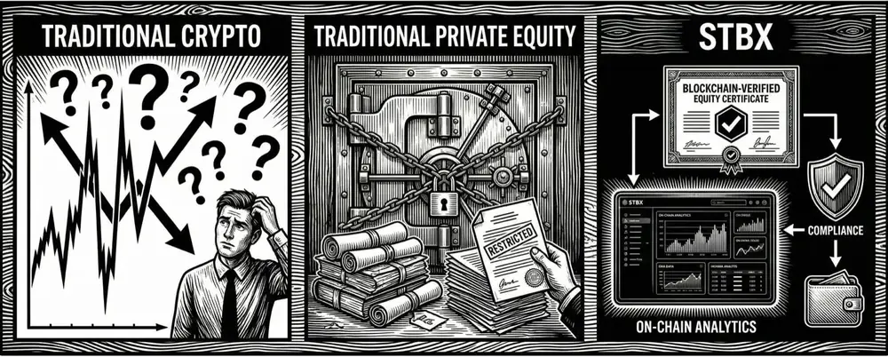 Engraved infographic comparing traditional crypto, traditional private equity and STBX