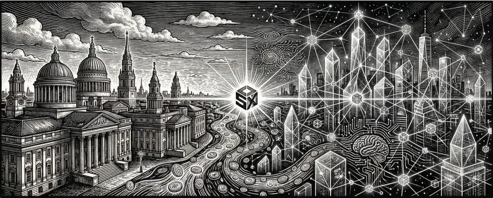 Engraved illustration of a financial district