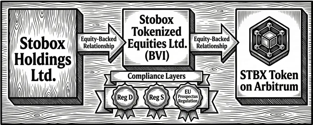 Engraved infographic: Stobox Holdings Ltd, Stobox Tokenized Equities Ltd. (BVI) with its compliance layers, and the STBX token on Arbitrum