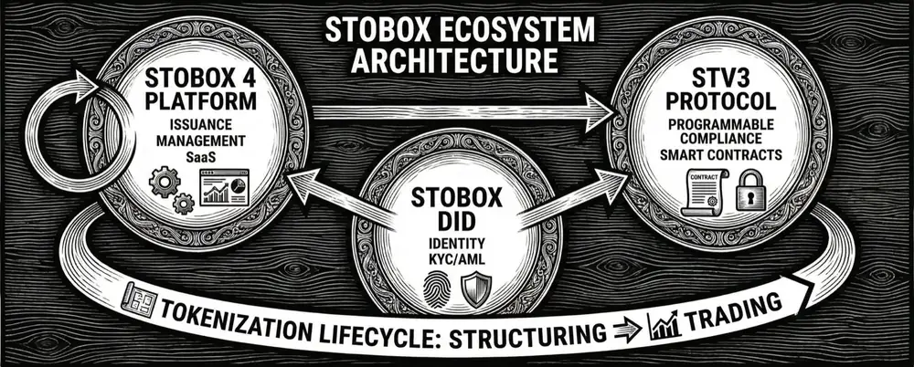Engraved infographic: the Stobox ecosystem architecture, from the Stobox 4 platform and the STV3 protocol to the tokenization lifecycle