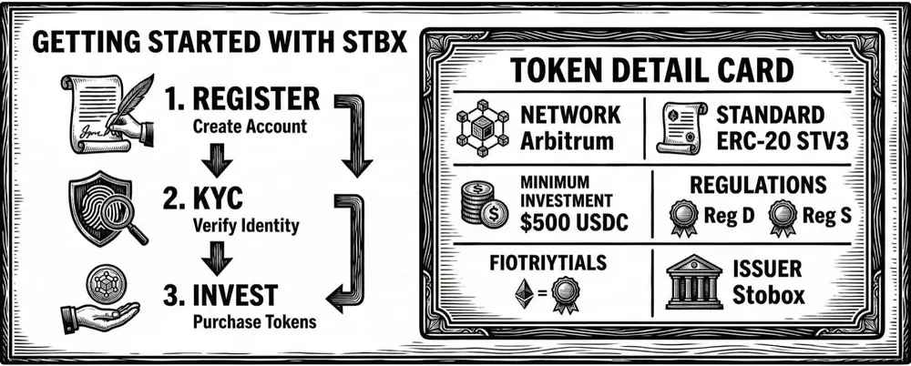 Engraved infographic: getting started with STBX in three steps, and the token detail card