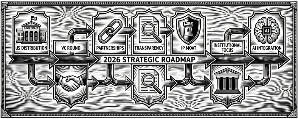 Engraved infographic: the 2026 strategic roadmap, from US distribution and partnerships to AI integration