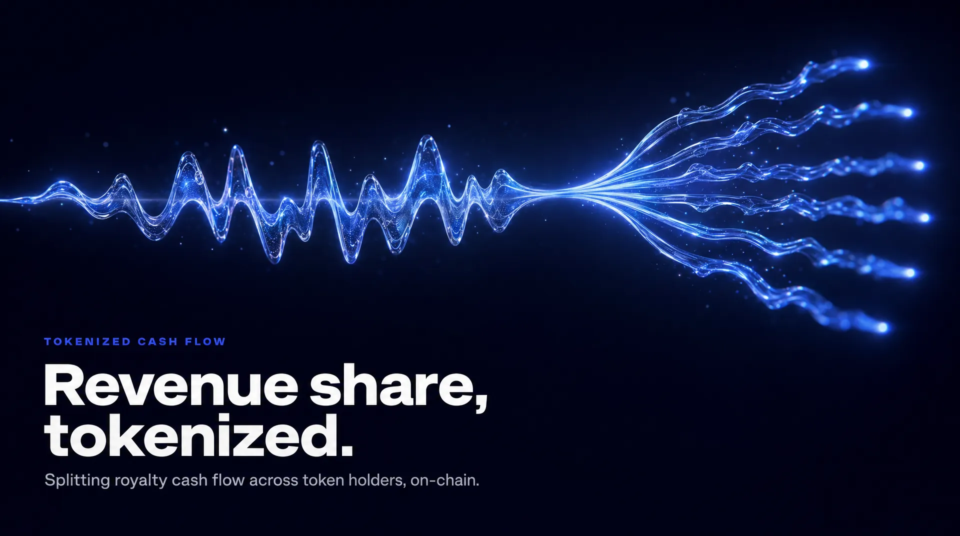 Stratified cash-flow bands across music catalogs, IP portfolios, and SaaS — each showing the tokenized claim portion