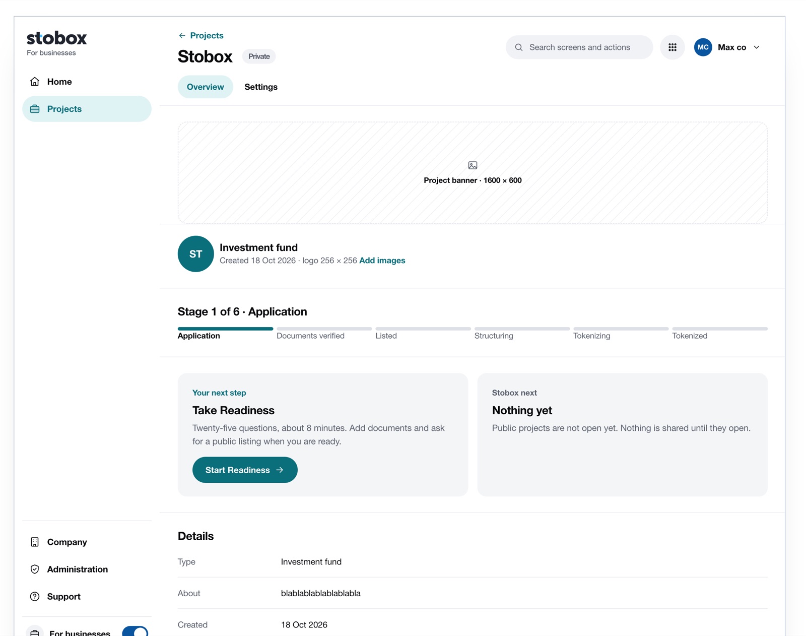 A project page in the business space with the project stage, a readiness dial and project details