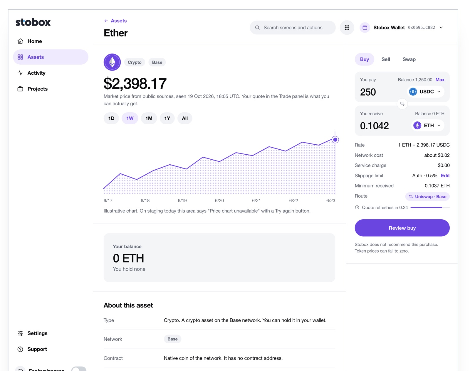 An asset page with a live quote: amount paid, amount received, rate, network cost, service charge, slippage limit, minimum received, route and a countdown