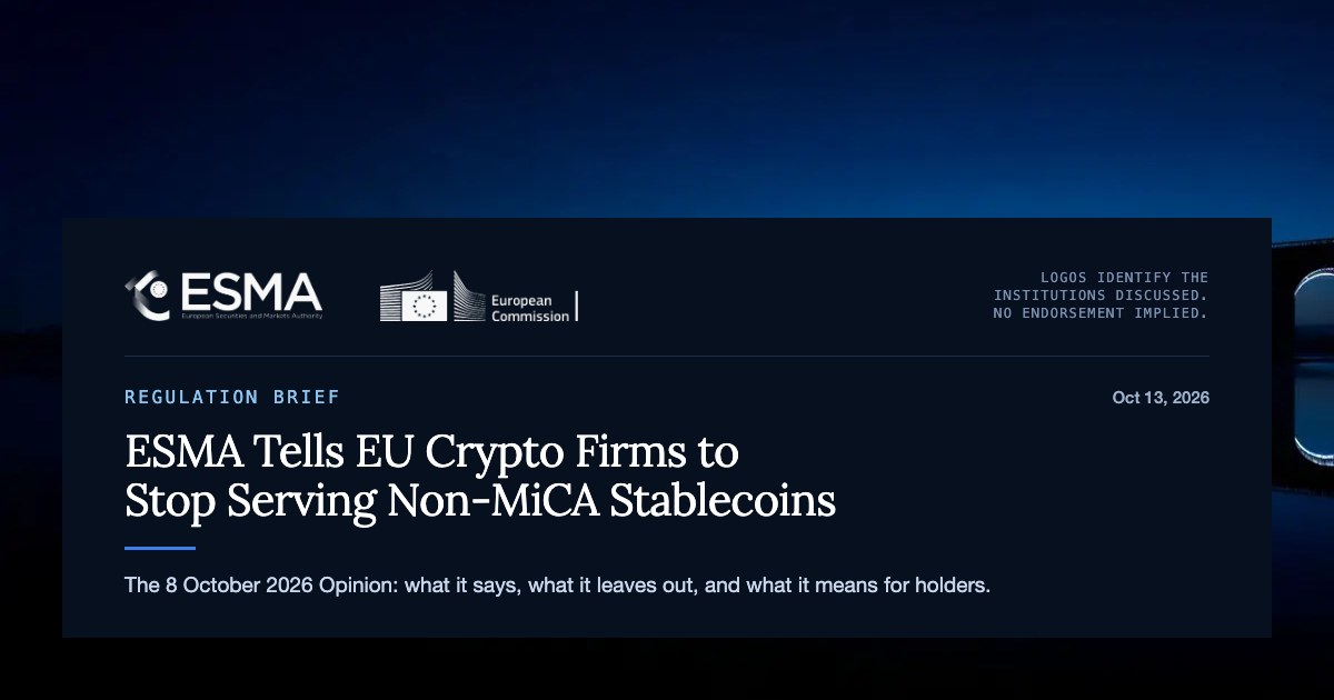 Logos of ESMA and the European Commission beside the headline on the ESMA Opinion on non-MiCA stablecoins