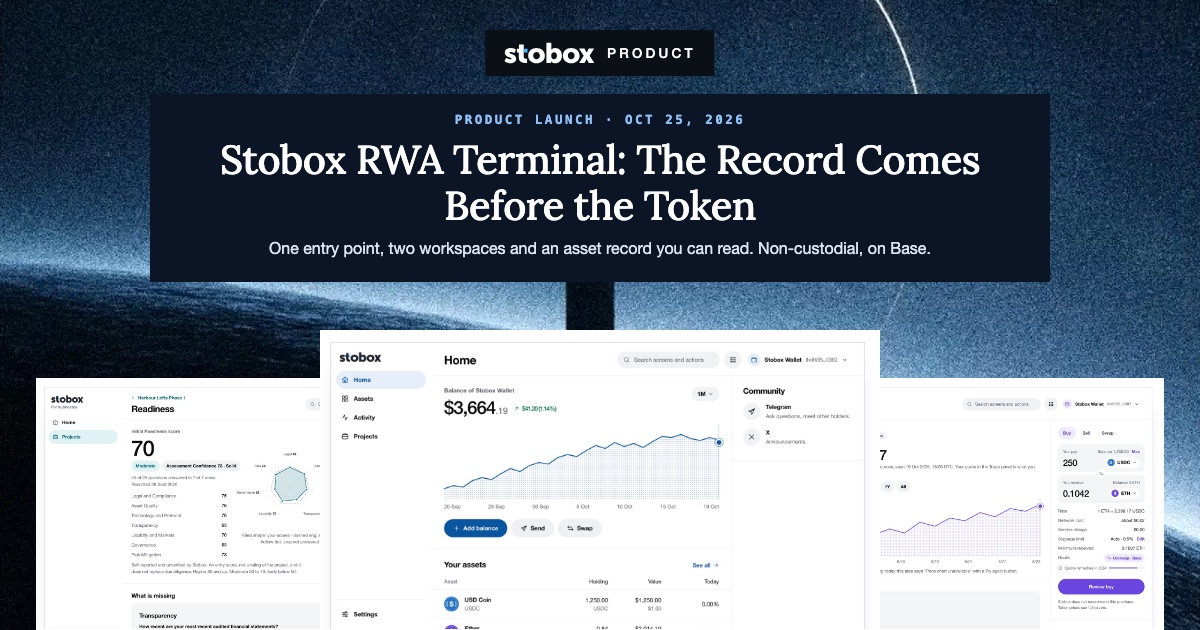 Three screens of Stobox RWA Terminal ranged under the title: a project readiness score, the wallet home with a balance chart, and an asset page with a live quote