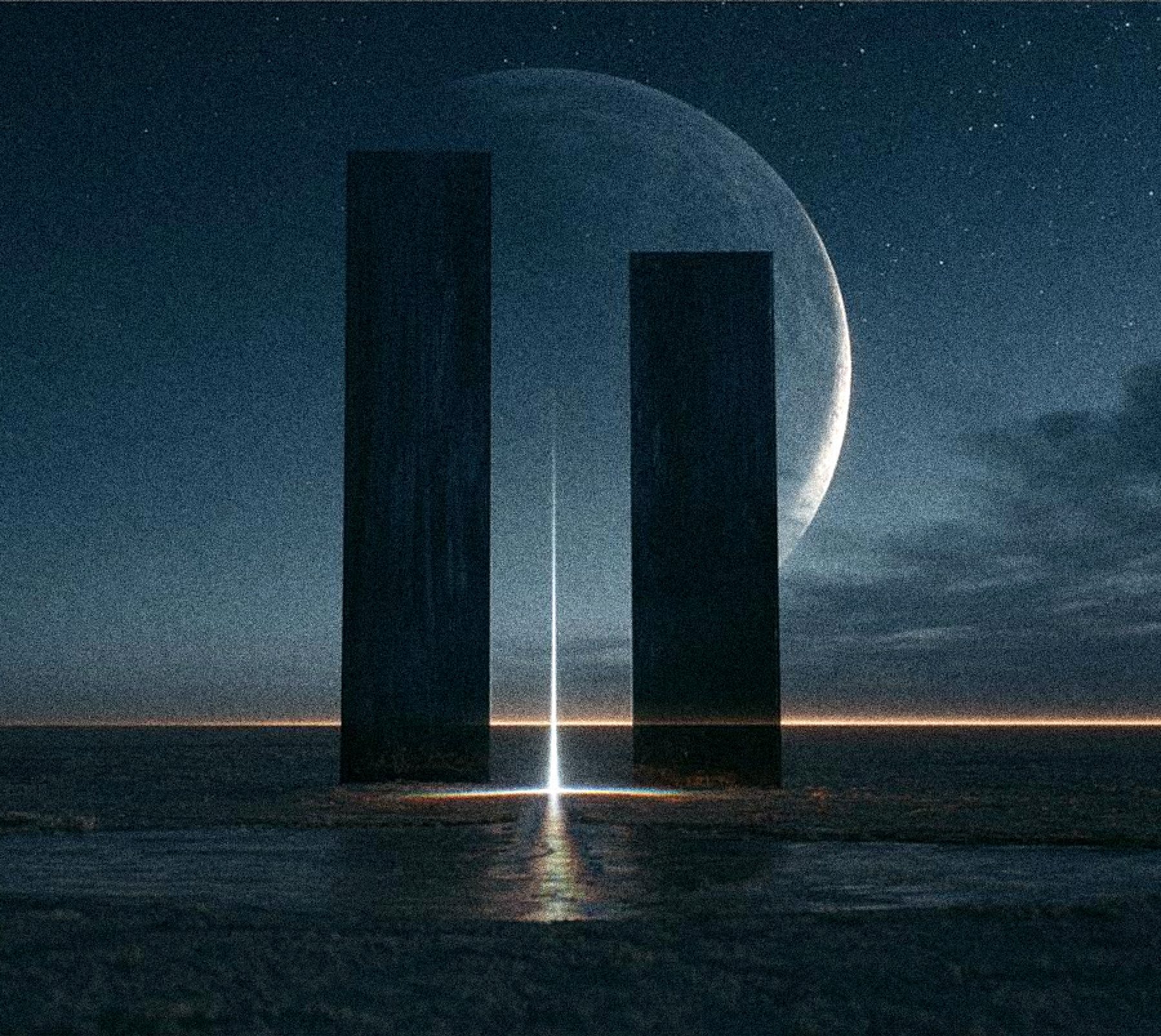 Two tall black monolith pillars forming a gateway on a salt flat, a beam of light fanning into a spectrum, a large planet low in a starry sky