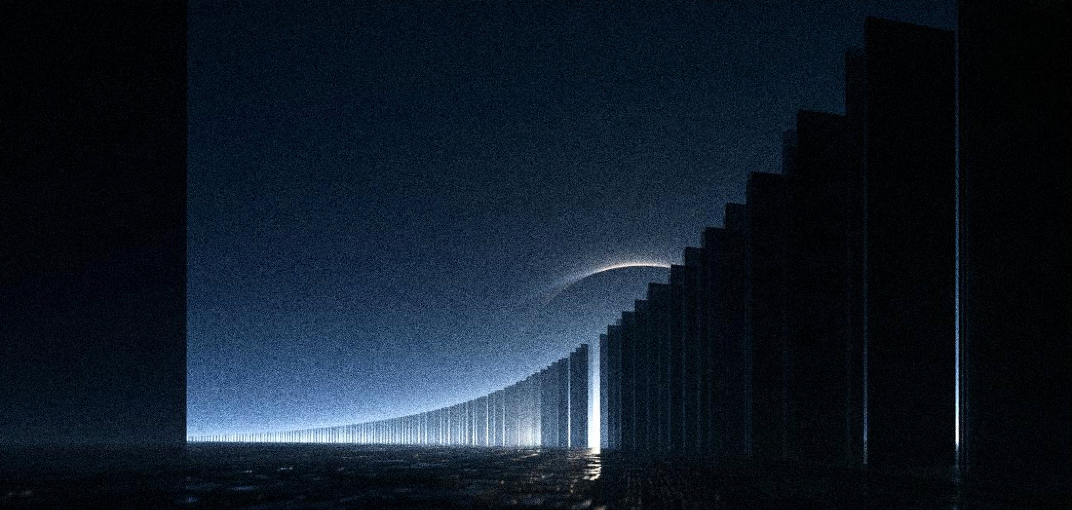 Rows of dark glass slabs rising in six ordered tiers toward a pale planet