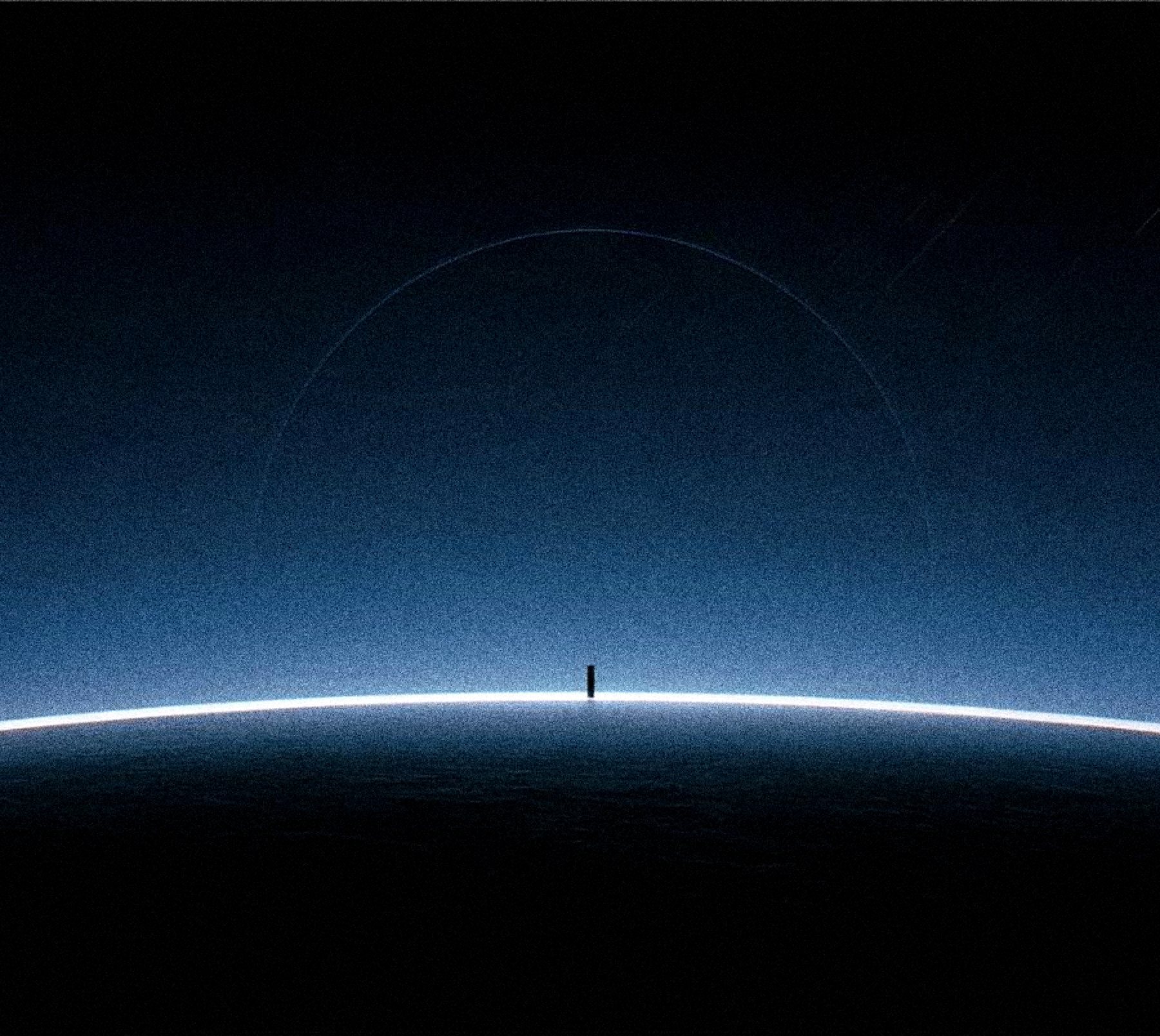 A thin precise ring of pale light circling a dark planet with a tiny black monolith on the ring, under a starfield