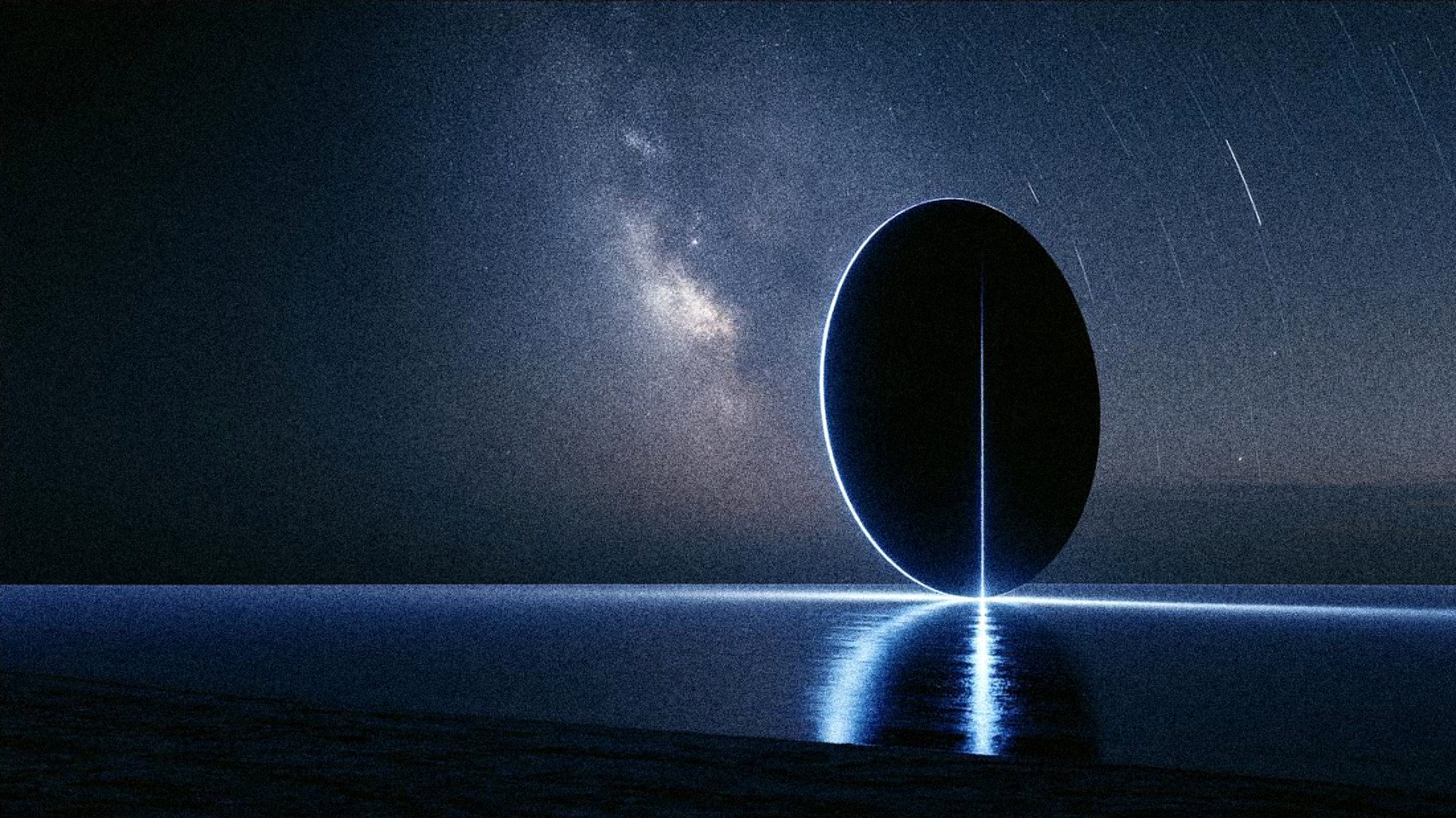 A black glass disc standing on its edge on a mirror-dark plain, ringed with electric-blue light under the Milky Way