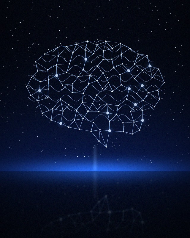 Sophia, the AI second brain: a luminous network of connected points in the shape of a brain above a mirror horizon
